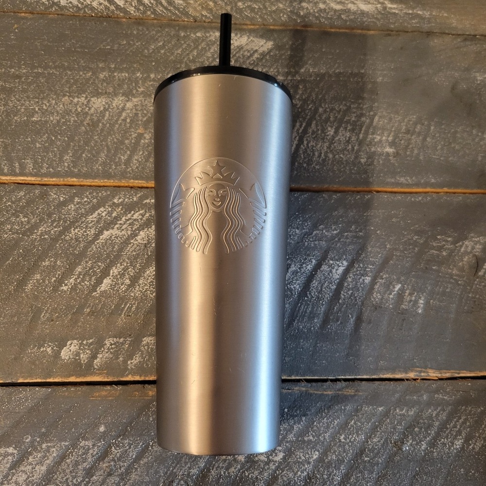 Starbucks 24 oz Stainless Steel Silver Siren Cold Cup Tumbler Screw Black Lid